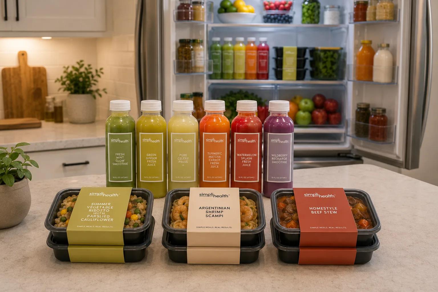 A fridge stocked with SimpliHealth juices, smoothies and sealed meal trays