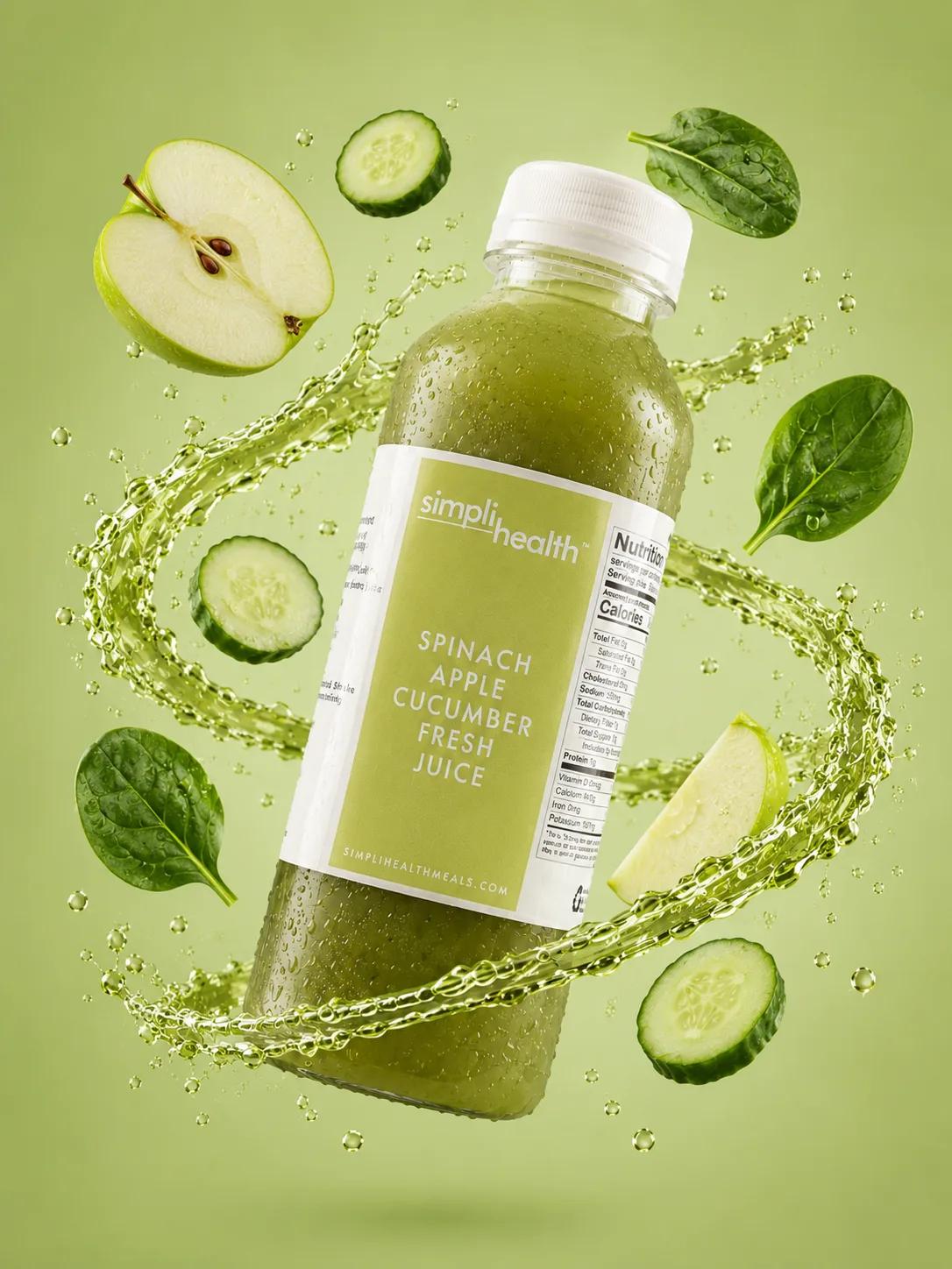 Spinach, apple and cucumber fresh juice bottle surrounded by fresh produce