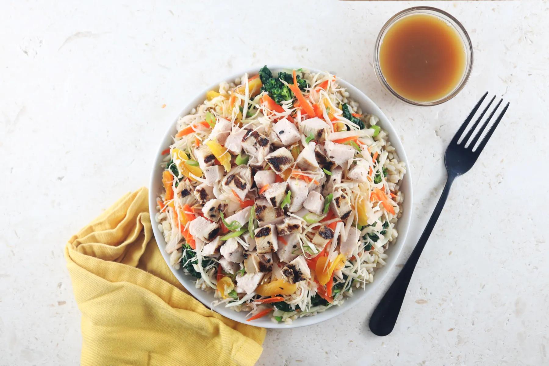 Grilled chicken over rice with roasted vegetables and a side of dressing, top-down studio shot