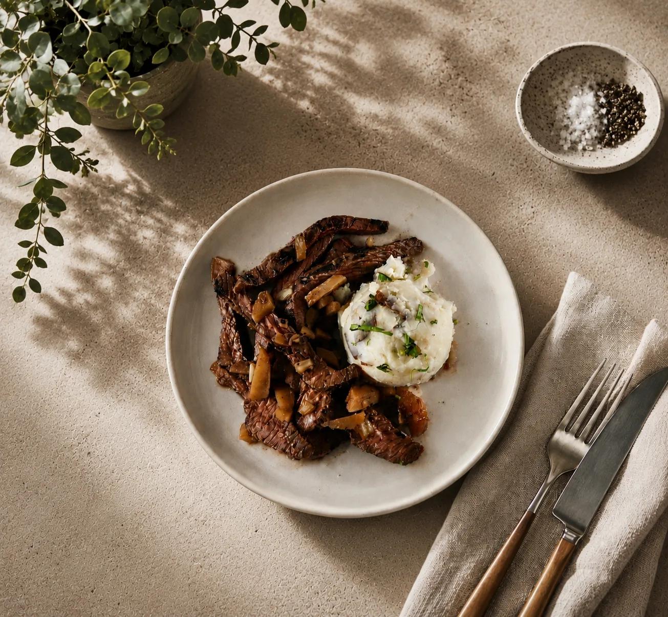 Braised beef with mashed potatoes and herbs, plated on a stone surface