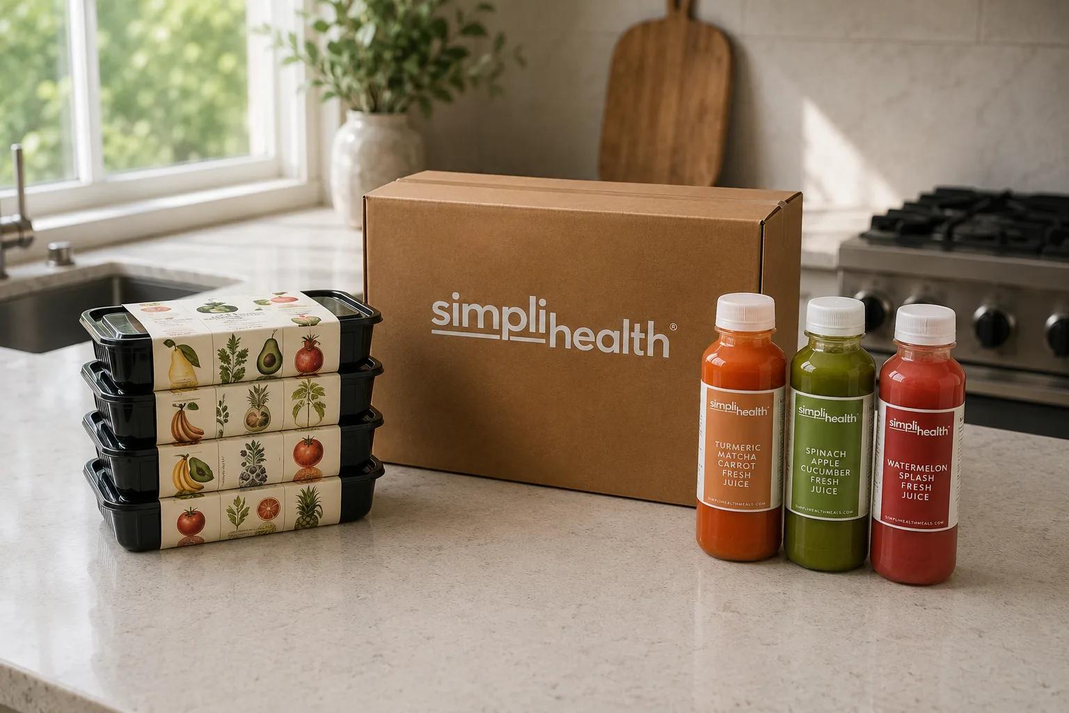 A SimpliHealth meal box with sealed meal trays and cold-pressed juices on a kitchen counter