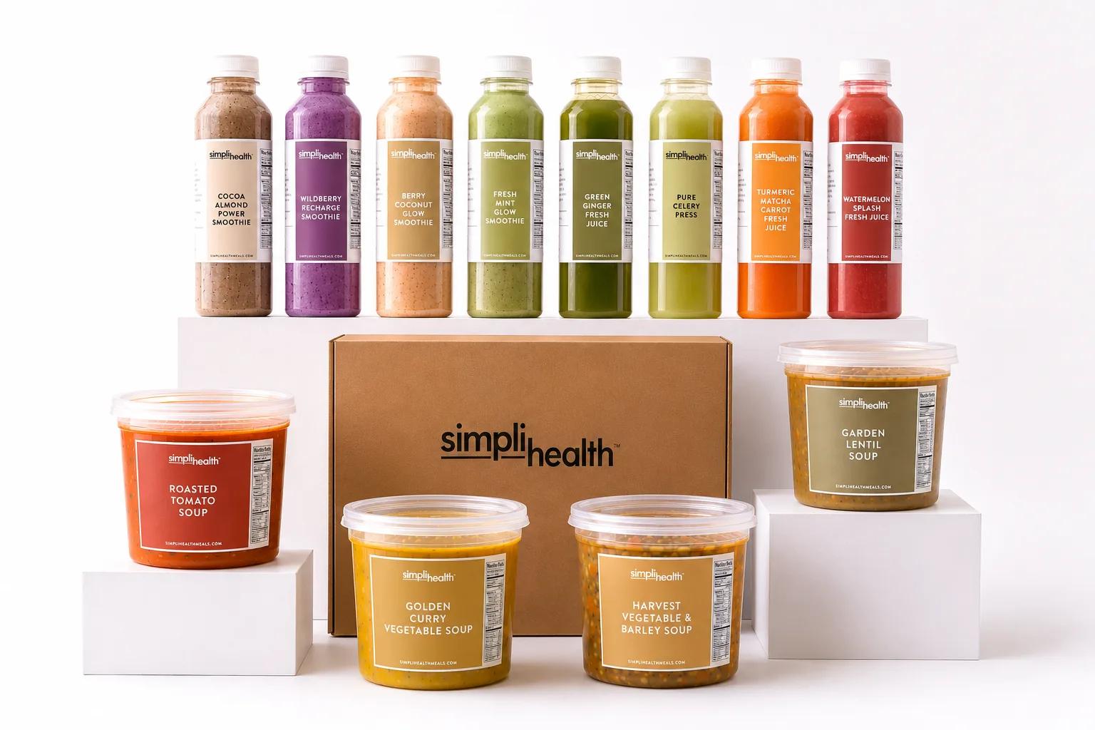 A lineup of SimpliHealth cold-pressed juices, smoothies and soups with a meal box