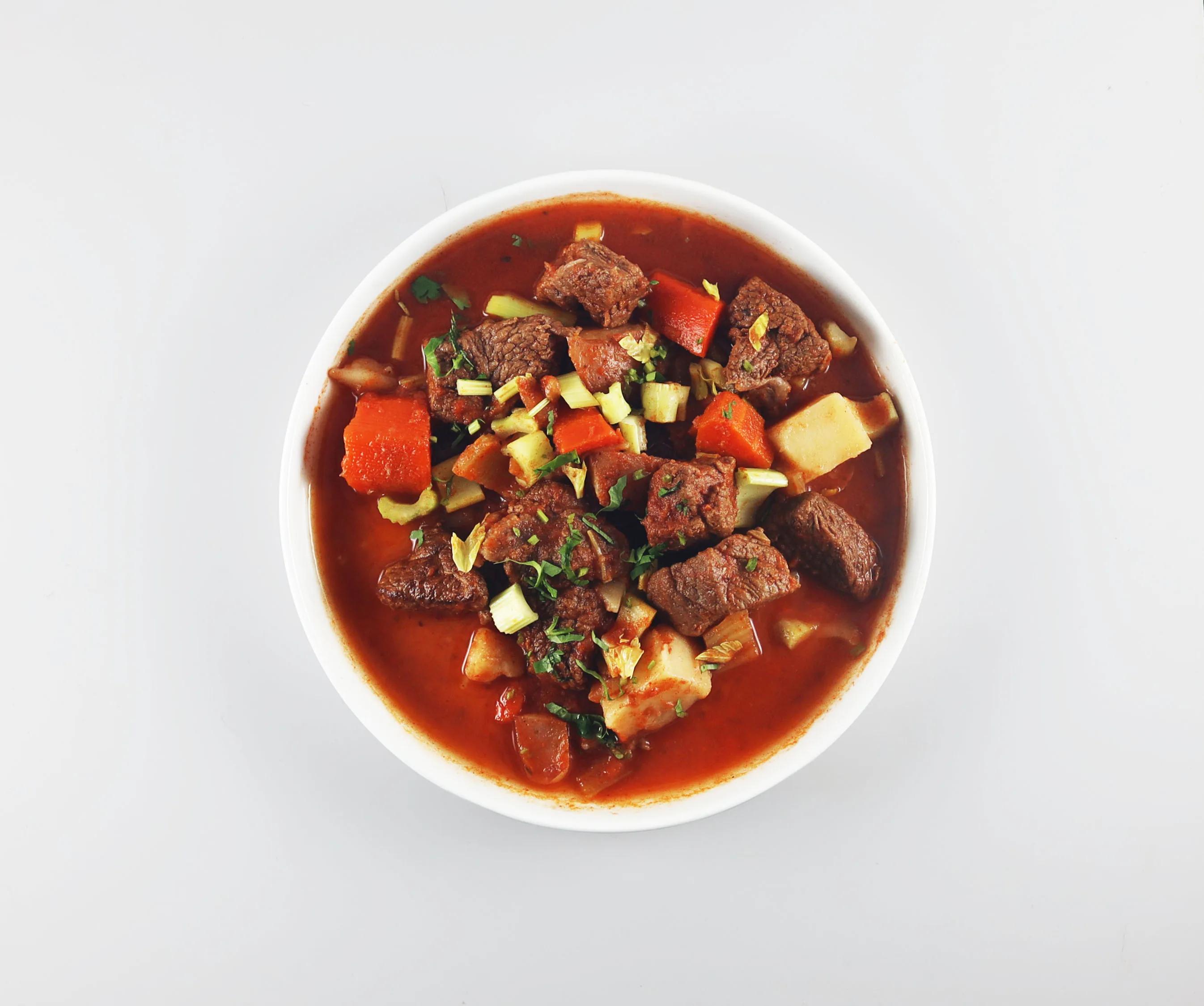 Beef and vegetable stew in a bowl