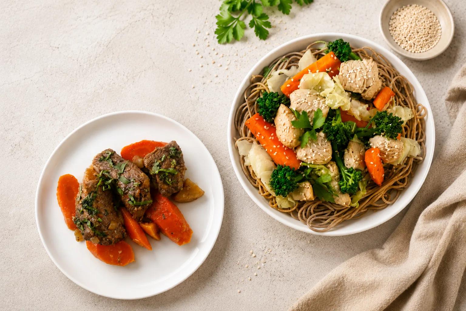 A plated dish of meatballs with vegetables and noodles