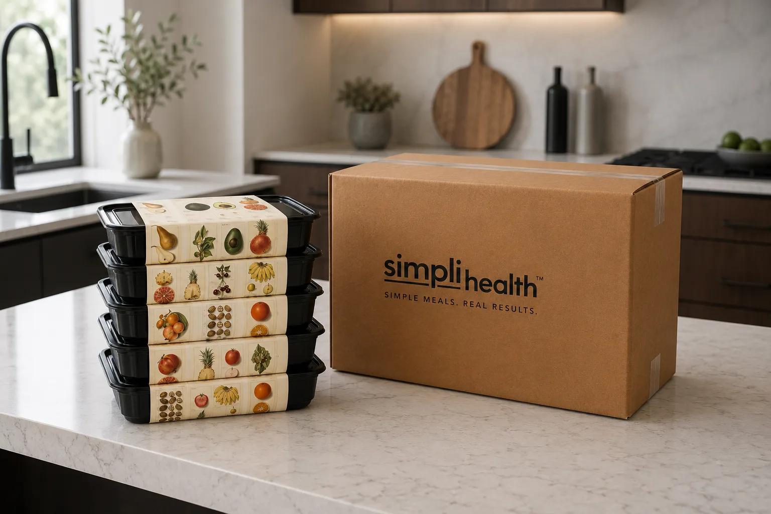 A SimpliHealth meal box with sealed meal trays on a kitchen counter